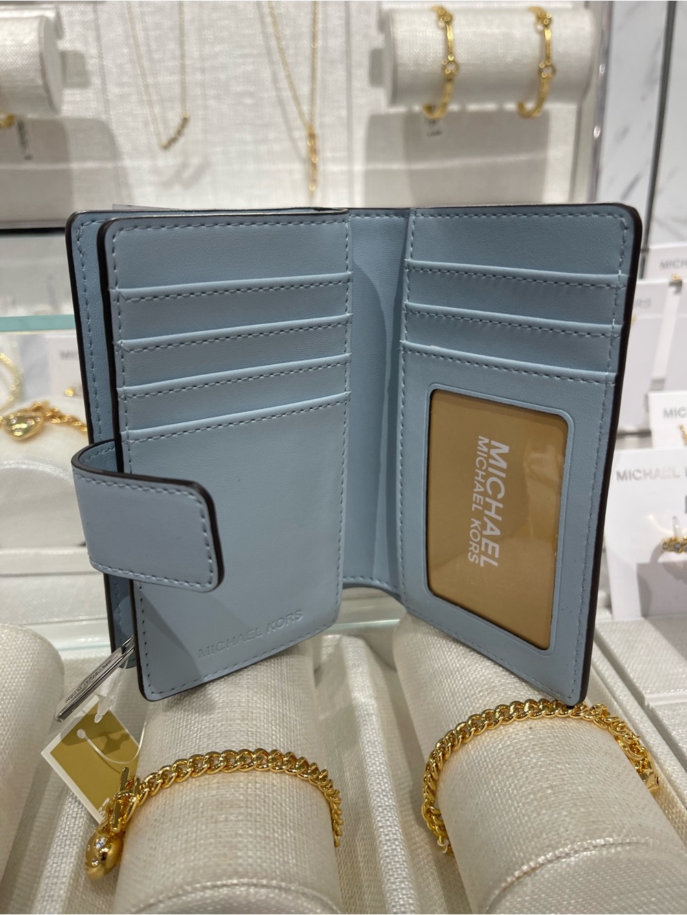 Michael Kors Jet Set Travel Md MK Logo Debossed Bifold Wallet
Pale Ocean 
NWT - Picture 9 of 16